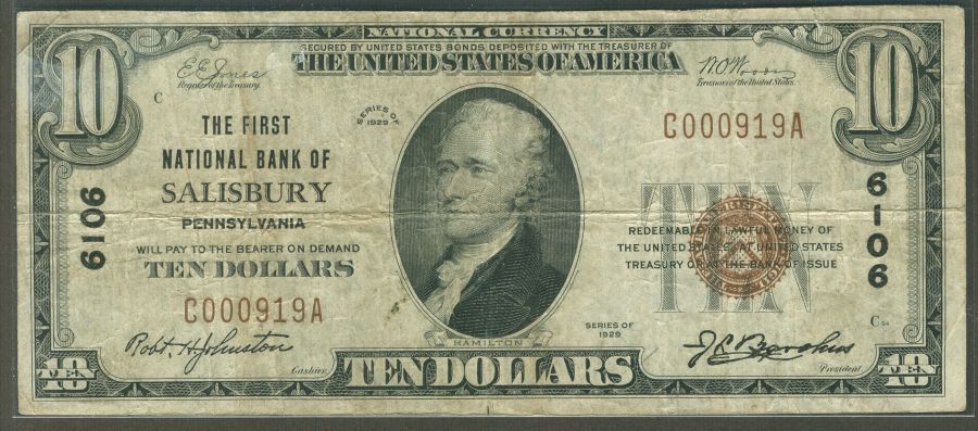 Salisbury, PA, Ch.#6106, 1929T1 $10, F/VF, C000919A